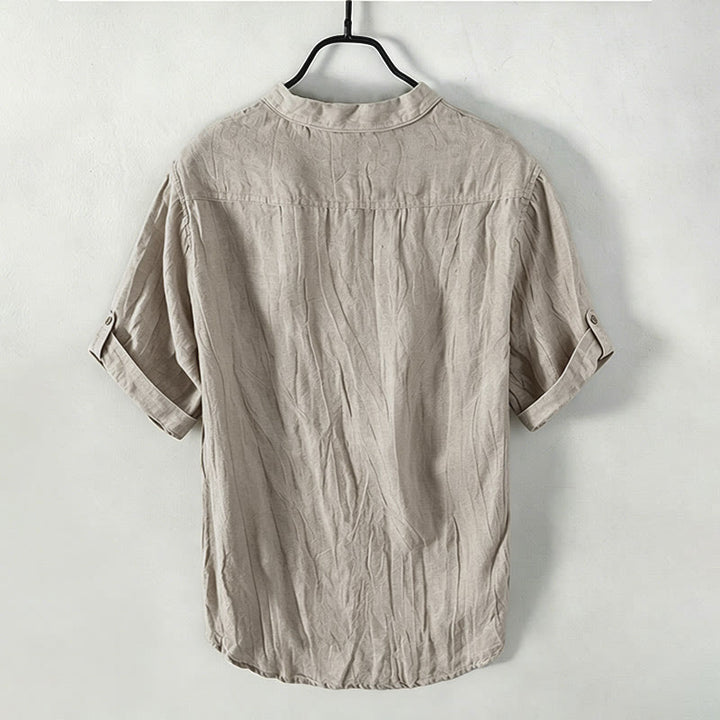 Buddha Stones Camicia da uomo a maniche corte in cotone e lino, con mezza abbottonatura e maniche arrotolate, ideale per l'estate. - image 8