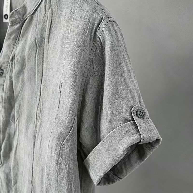 Buddha Stones Camicia da uomo a maniche corte in cotone e lino, con mezza abbottonatura e maniche arrotolate, ideale per l'estate. - image 4