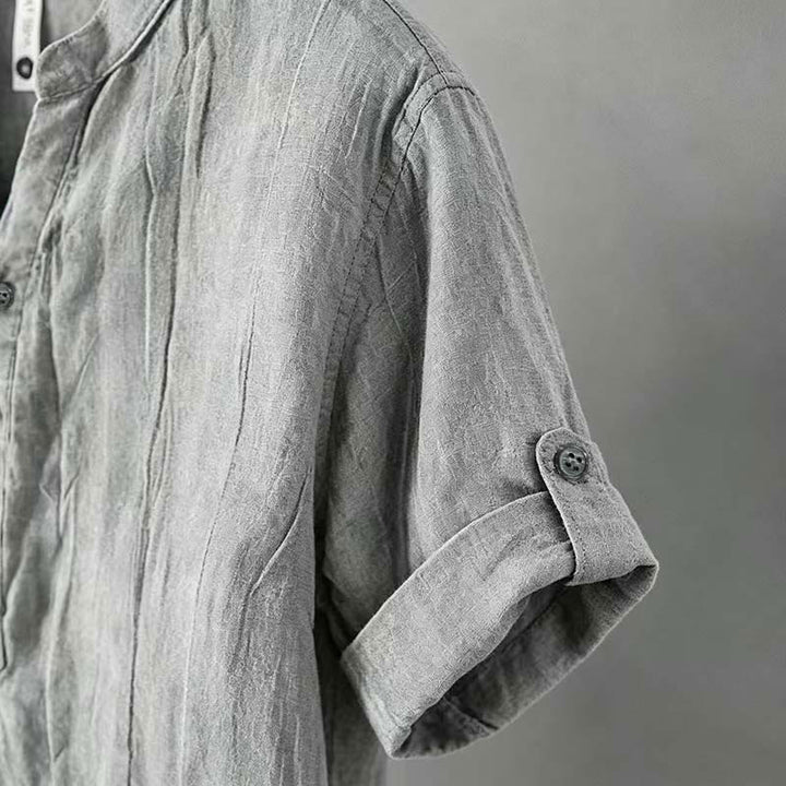 Buddha Stones Camicia da uomo a maniche corte in cotone e lino, con mezza abbottonatura e maniche arrotolate, ideale per l'estate. - image 4