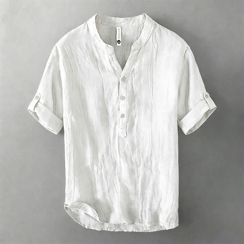 Buddha Stones Camicia da uomo a maniche corte in cotone e lino, con mezza abbottonatura e maniche arrotolate, ideale per l'estate. - Bianco - US/UK/AU46, EU56 (3XL) - image 14