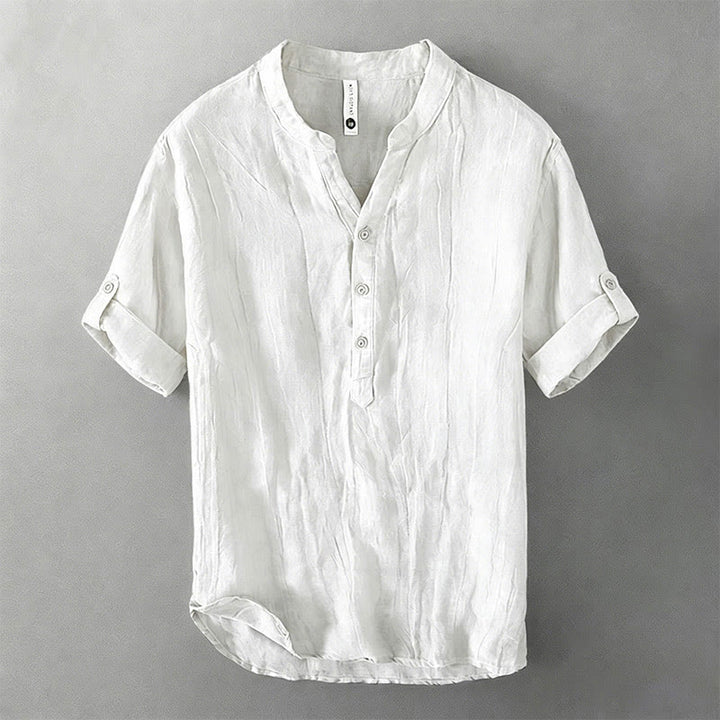 Buddha Stones Camicia da uomo a maniche corte in cotone e lino, con mezza abbottonatura e maniche arrotolate, ideale per l'estate. - Bianco - US/UK/AU46, EU56 (3XL) - image 14