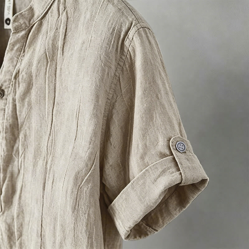 Buddha Stones Camicia da uomo a maniche corte in cotone e lino, con mezza abbottonatura e maniche arrotolate, ideale per l'estate. - image 11