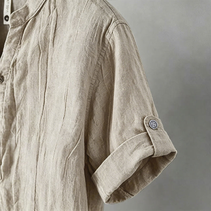 Buddha Stones Camicia da uomo a maniche corte in cotone e lino, con mezza abbottonatura e maniche arrotolate, ideale per l'estate. - image 11