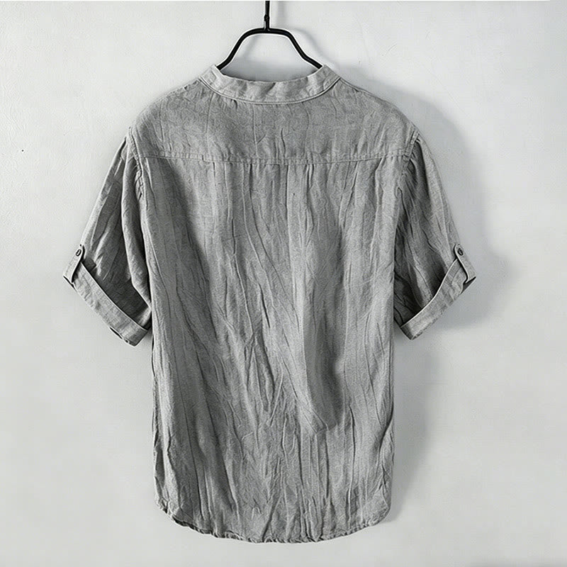 Buddha Stones Camicia da uomo a maniche corte in cotone e lino, con mezza abbottonatura e maniche arrotolate, ideale per l'estate. - image 1