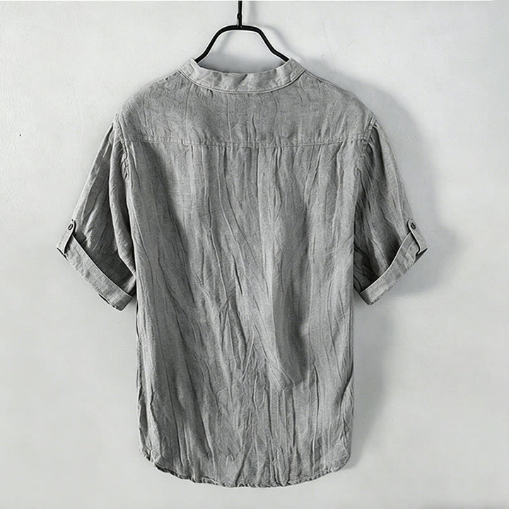 Buddha Stones Camicia da uomo a maniche corte in cotone e lino, con mezza abbottonatura e maniche arrotolate, ideale per l'estate. - image 1
