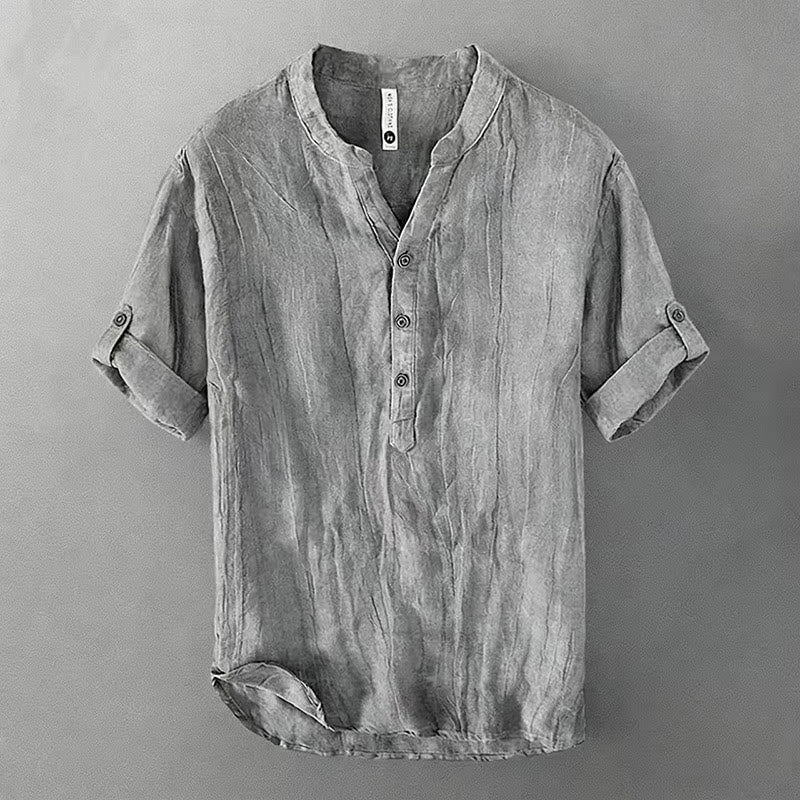 Buddha Stones Camicia da uomo a maniche corte in cotone e lino, con mezza abbottonatura e maniche arrotolate, ideale per l'estate. - Grigio - US/UK/AU46, EU56 (3XL) - image 0
