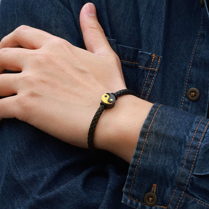 Buddha Stones Bracciale in pelle con simbolo Yin Yang Bagua in argento sterling 925 e oro 999, con motivo equilibrio. - image 11