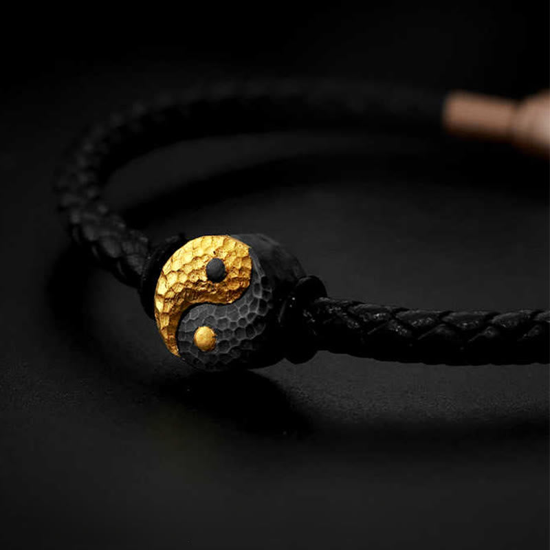 Buddha Stones Bracciale in pelle con simbolo Yin Yang Bagua in argento sterling 925 e oro 999, con motivo equilibrio. - image 1