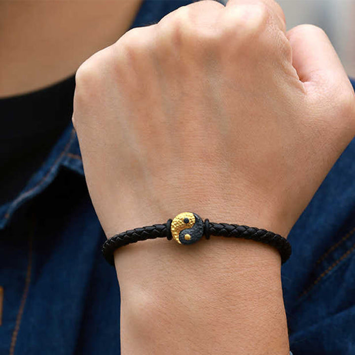 Buddha Stones Bracciale in pelle con simbolo Yin Yang Bagua in argento sterling 925 e oro 999, con motivo equilibrio. - image 10