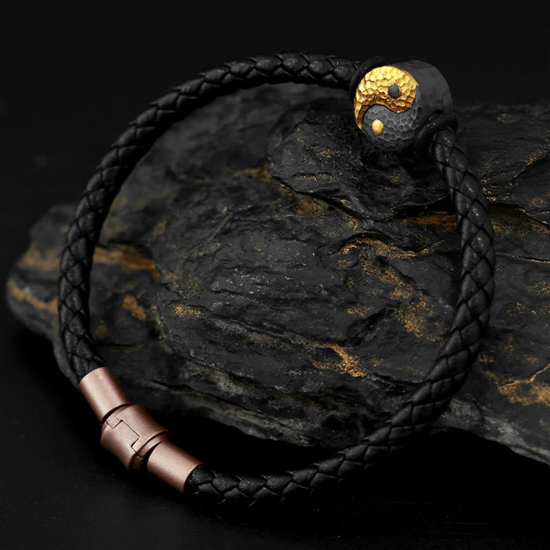Buddha Stones Bracciale in pelle con simbolo Yin Yang Bagua in argento sterling 925 e oro 999, con motivo equilibrio. - image 2