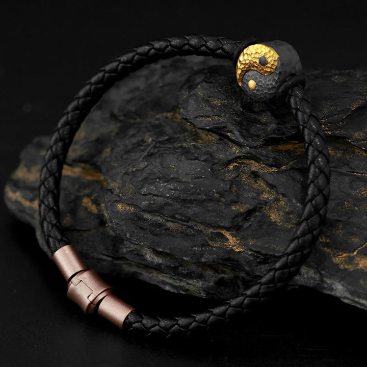 Buddha Stones Bracciale in pelle con simbolo Yin Yang Bagua in argento sterling 925 e oro 999, con motivo equilibrio. - image 2