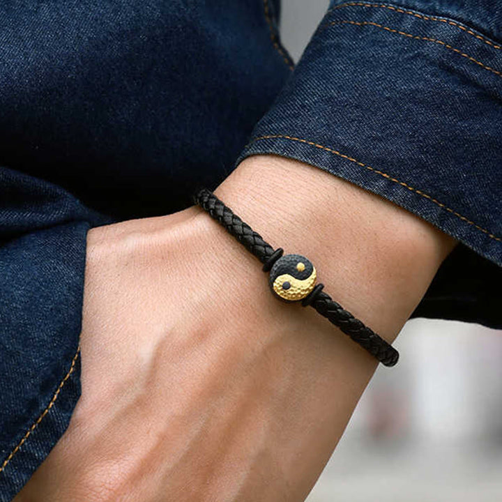 Buddha Stones Bracciale in pelle con simbolo Yin Yang Bagua in argento sterling 925 e oro 999, con motivo equilibrio. - image 3