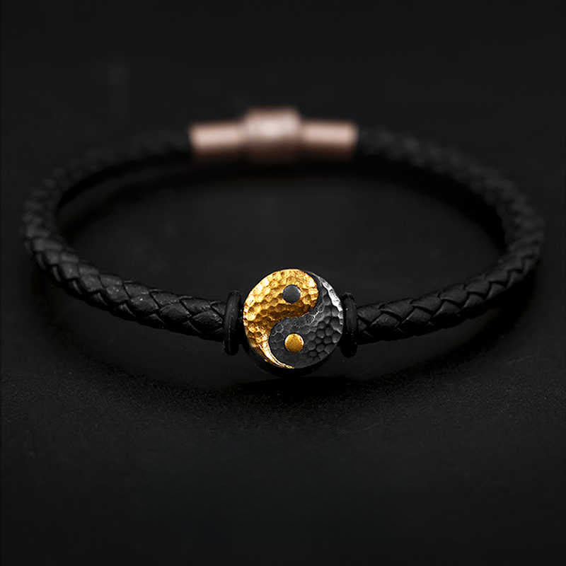 Buddha Stones Bracciale in pelle con simbolo Yin Yang Bagua in argento sterling 925 e oro 999, con motivo equilibrio. - 20 cm - image 0