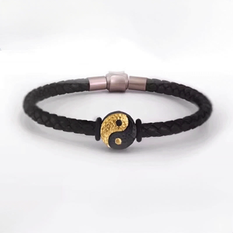 Buddha Stones Bracciale in pelle con simbolo Yin Yang Bagua in argento sterling 925 e oro 999, con motivo equilibrio. - image 12
