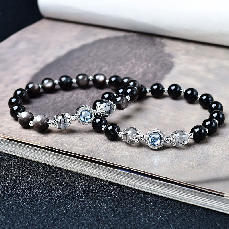 Buddha Stones Bracciale purificante in ossidiana nera con riflessi argentati e zirconi. - image 6