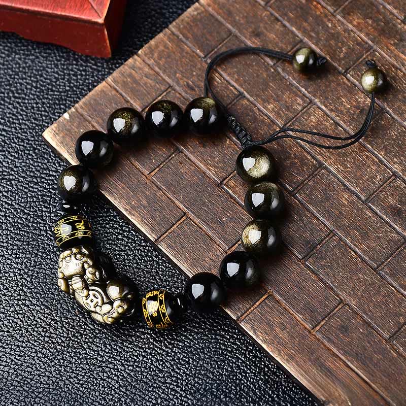 Buddha Stones Braccialetto protettivo PiXiu Om Mani Padme Hum in ossidiana con lucentezza dorata naturale, con scritta "PiXiu Om Mani Padme Hum". - 14 mm (Circonferenza del polso: 18-19 cm) - image 10