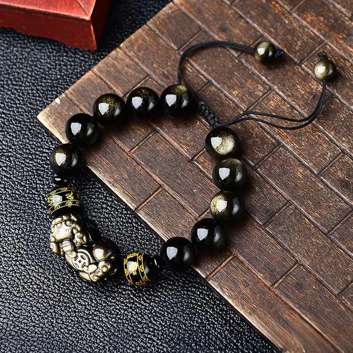 Buddha Stones Braccialetto protettivo PiXiu Om Mani Padme Hum in ossidiana con lucentezza dorata naturale, con scritta "PiXiu Om Mani Padme Hum". - 14 mm (Circonferenza del polso: 18-19 cm) - image 10