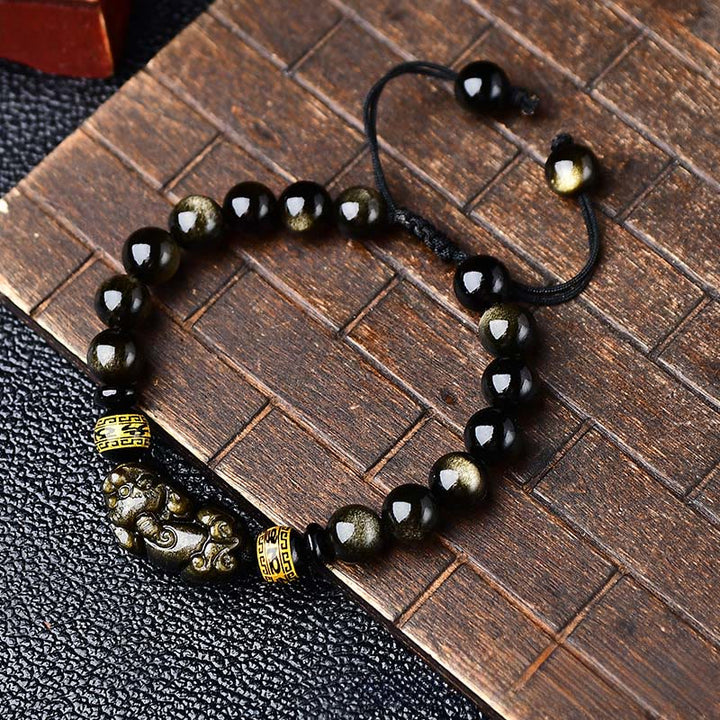 Buddha Stones Braccialetto protettivo PiXiu Om Mani Padme Hum in ossidiana con lucentezza dorata naturale, con scritta "PiXiu Om Mani Padme Hum". - image 2