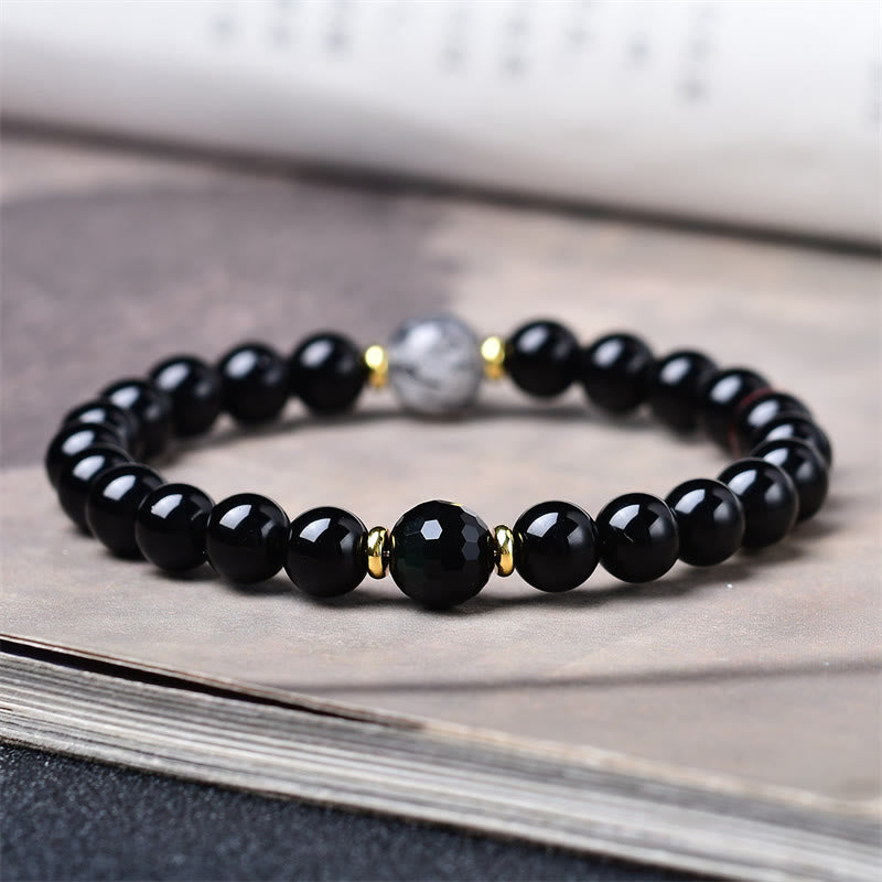 Buddha Stones Bracciale purificante in ossidiana nera naturale e quarzo rutilato nero - image 4