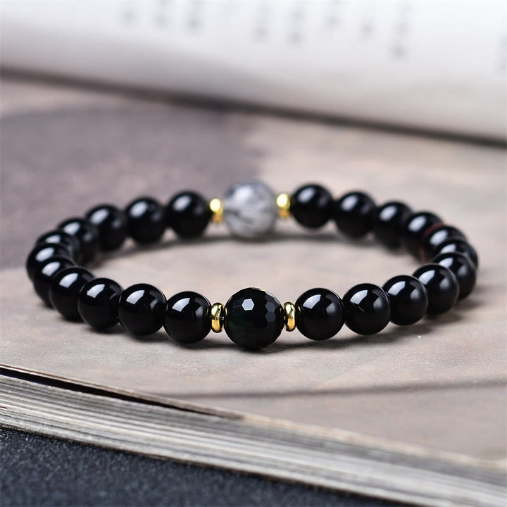 Buddha Stones Bracciale purificante in ossidiana nera naturale e quarzo rutilato nero - image 4