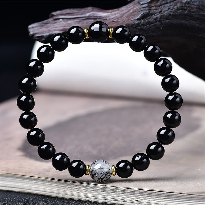 Buddha Stones Bracciale purificante in ossidiana nera naturale e quarzo rutilato nero - image 2