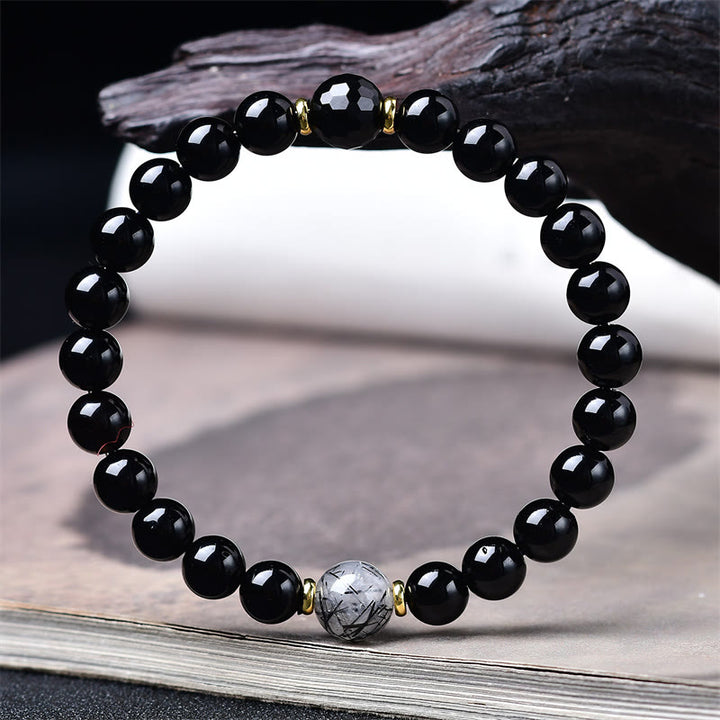 Buddha Stones Bracciale purificante in ossidiana nera naturale e quarzo rutilato nero - image 2
