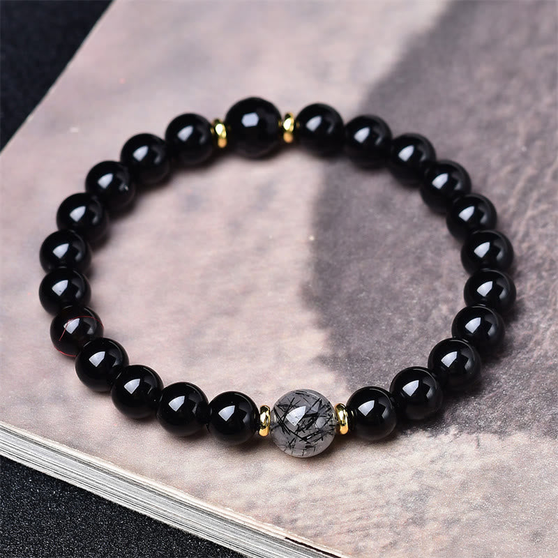 Buddha Stones Bracciale purificante in ossidiana nera naturale e quarzo rutilato nero - image 3