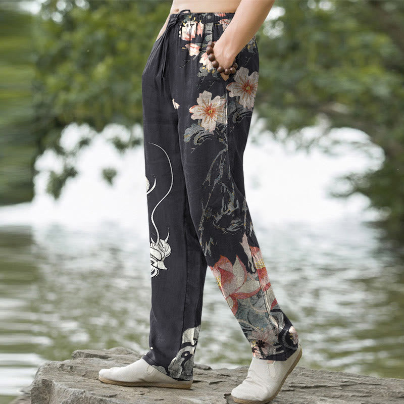 Buddha Stones Pantaloni da uomo affusolati in cotone con motivo drago orientale e loto, con tasche. - image 1