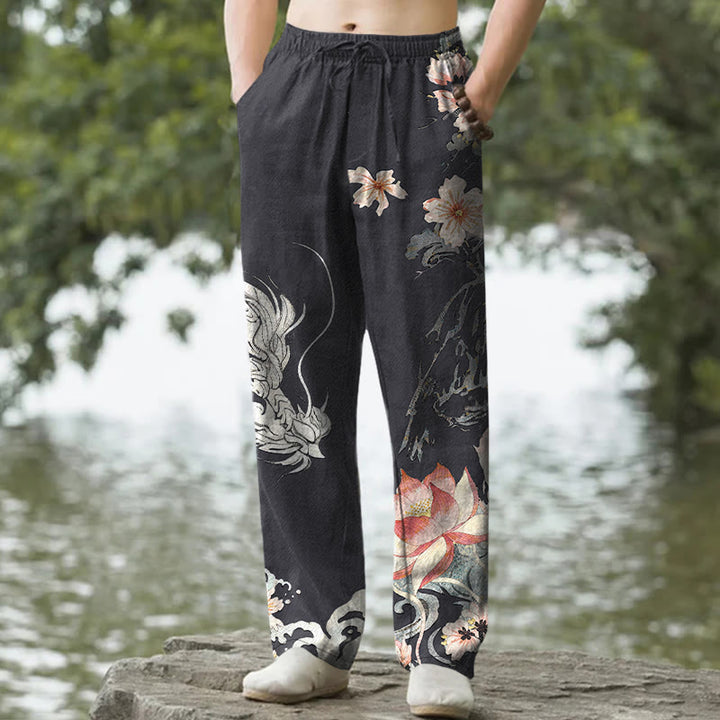 Buddha Stones Pantaloni da uomo affusolati in cotone con motivo drago orientale e loto, con tasche. - Nero - US/UK/AU50, EU60 (5XL) - image 0
