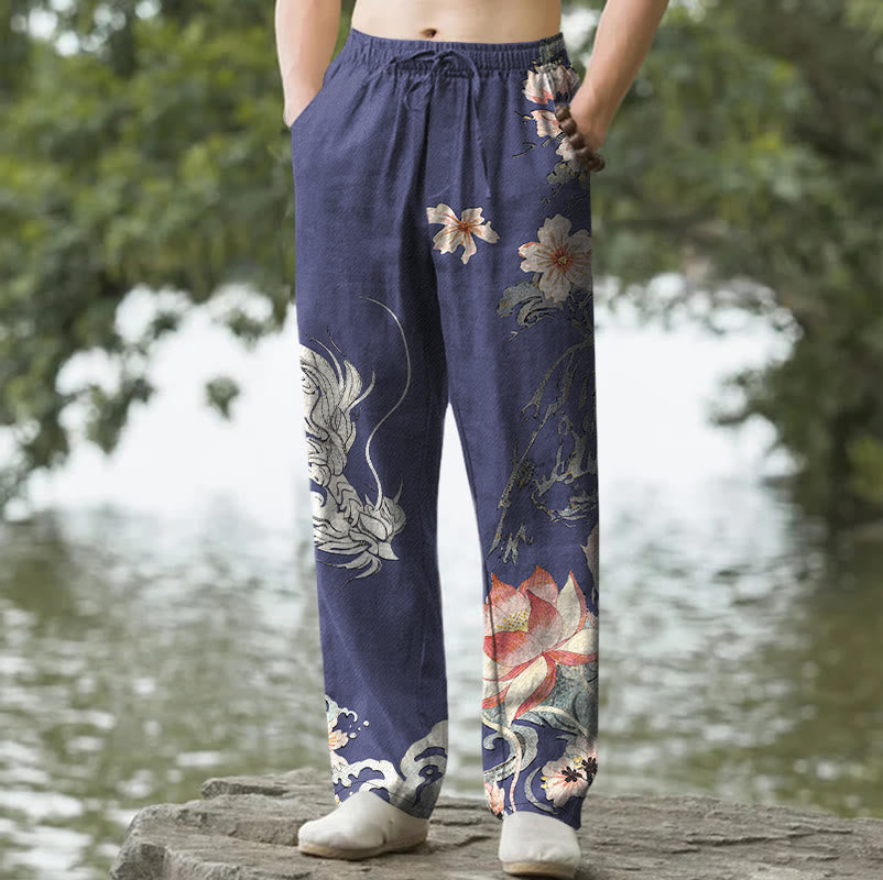 Buddha Stones Pantaloni da uomo affusolati in cotone con motivo drago orientale e loto, con tasche. - Marina - US/UK/AU50, EU60 (5XL) - image 4