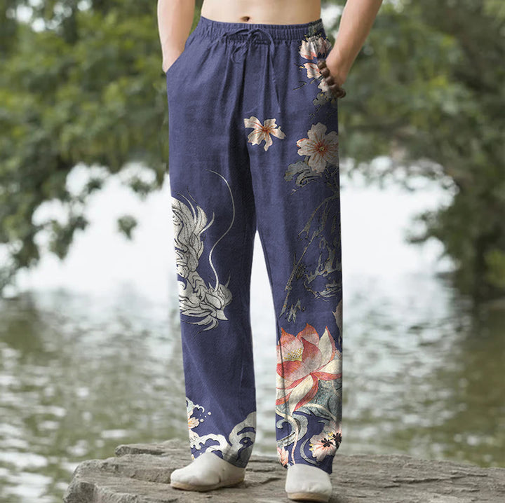 Buddha Stones Pantaloni da uomo affusolati in cotone con motivo drago orientale e loto, con tasche. - Marina - US/UK/AU50, EU60 (5XL) - image 4