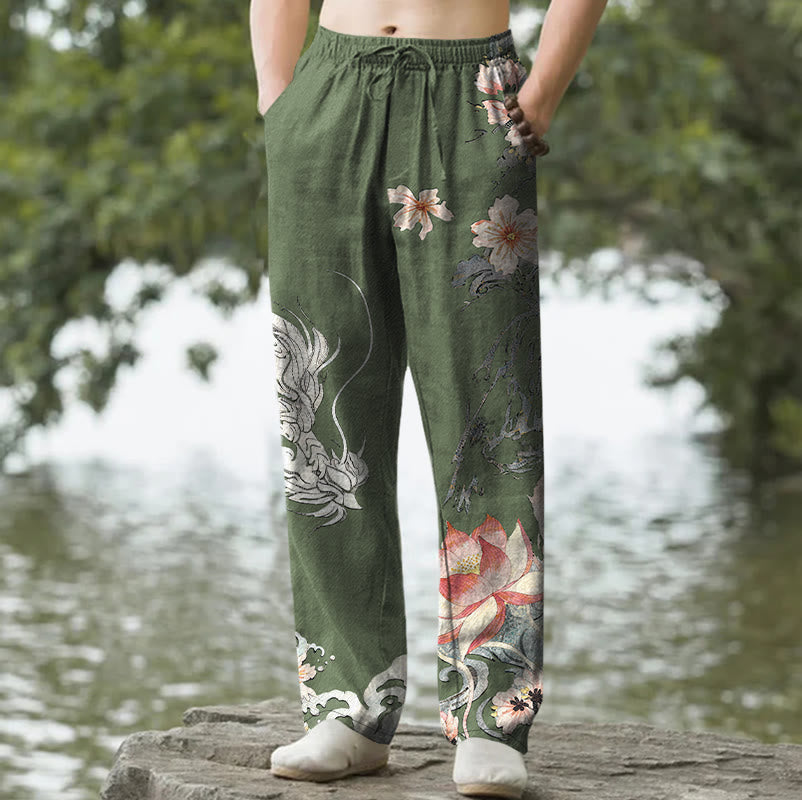 Buddha Stones Pantaloni da uomo affusolati in cotone con motivo drago orientale e loto, con tasche. - Verde oliva scuro - US/UK/AU50, EU60 (5XL) - image 6
