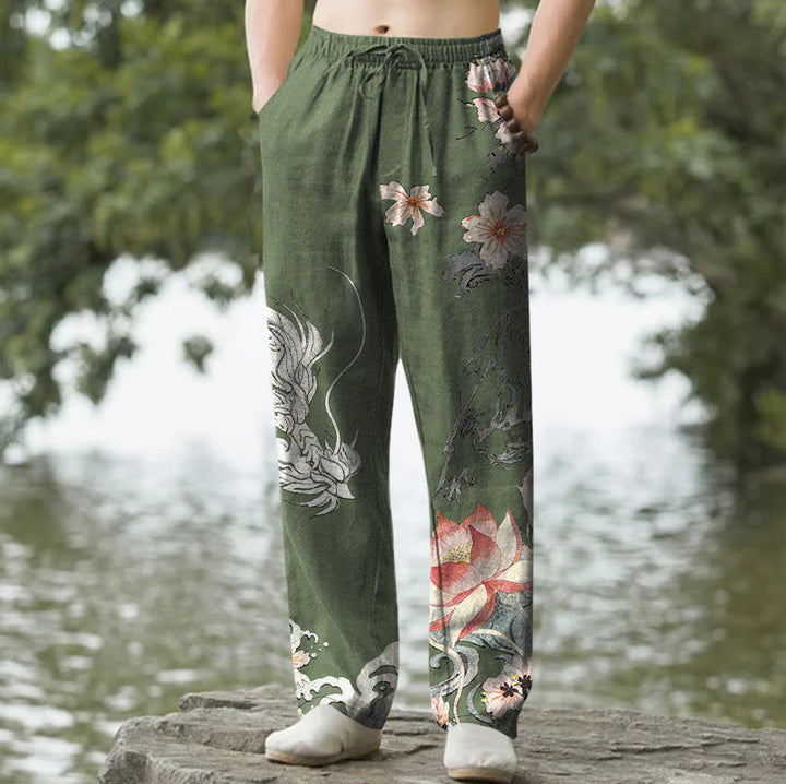 Buddha Stones Pantaloni da uomo affusolati in cotone con motivo drago orientale e loto, con tasche. - Verde oliva scuro - US/UK/AU50, EU60 (5XL) - image 6
