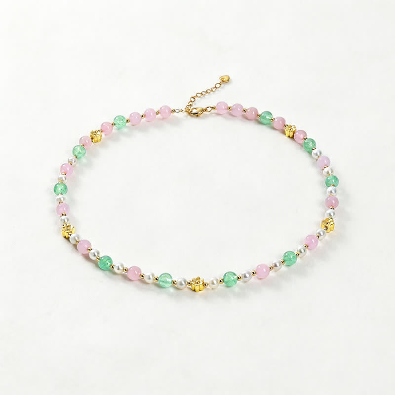 Buddha Stones Collana Peace con perle di quarzo rosa naturale, quarzo verde fragola e quarzo rosa. - Quarzo rosa naturale, quarzo verde fragola (il colore può variare) - image 0