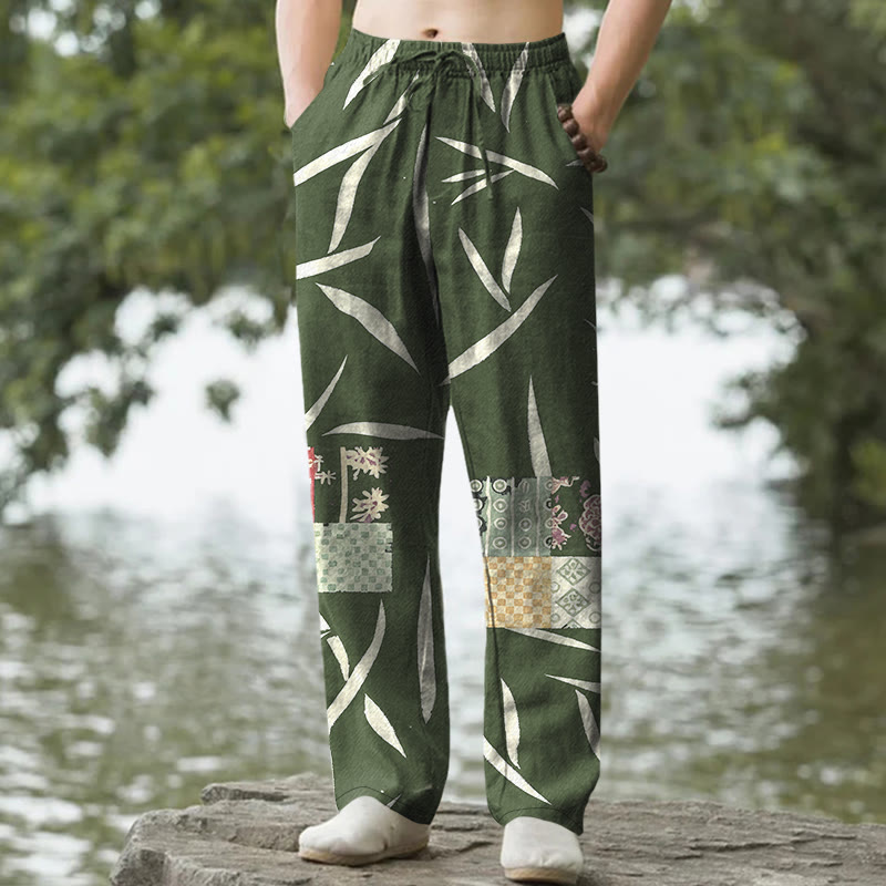 Buddha Stones Pantaloni da uomo affusolati con tasche, in cotone con motivo patchwork a foglie di bambù. - Verde scuro - US/UK/AU50, EU60 (5XL) - image 0
