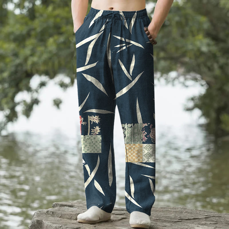 Buddha Stones Pantaloni da uomo affusolati con tasche, in cotone con motivo patchwork a foglie di bambù. - Marina - US/UK/AU50, EU60 (5XL) - image 4