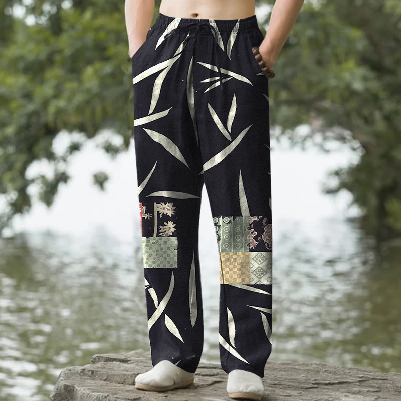Buddha Stones Pantaloni da uomo affusolati con tasche, in cotone con motivo patchwork a foglie di bambù. - Nero - US/UK/AU50, EU60 (5XL) - image 6