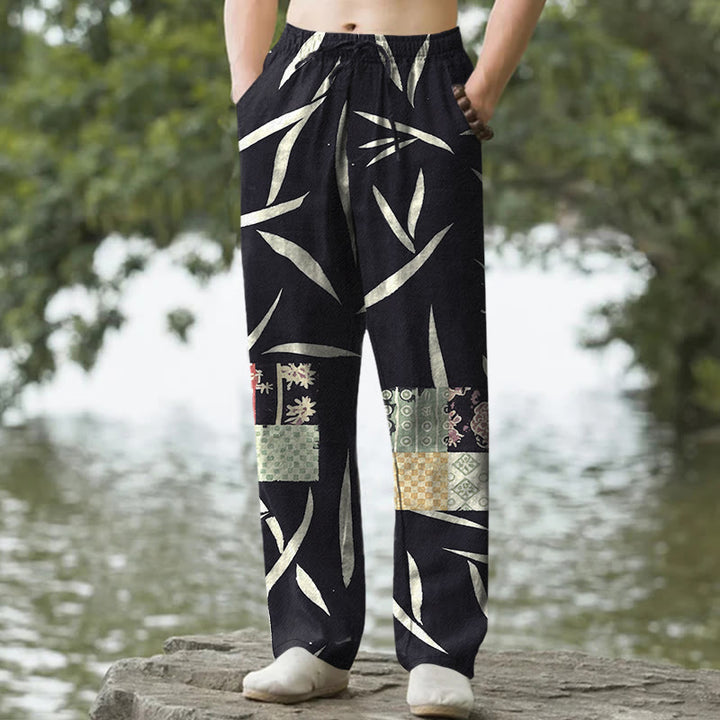 Buddha Stones Pantaloni da uomo affusolati con tasche, in cotone con motivo patchwork a foglie di bambù. - Nero - US/UK/AU50, EU60 (5XL) - image 6