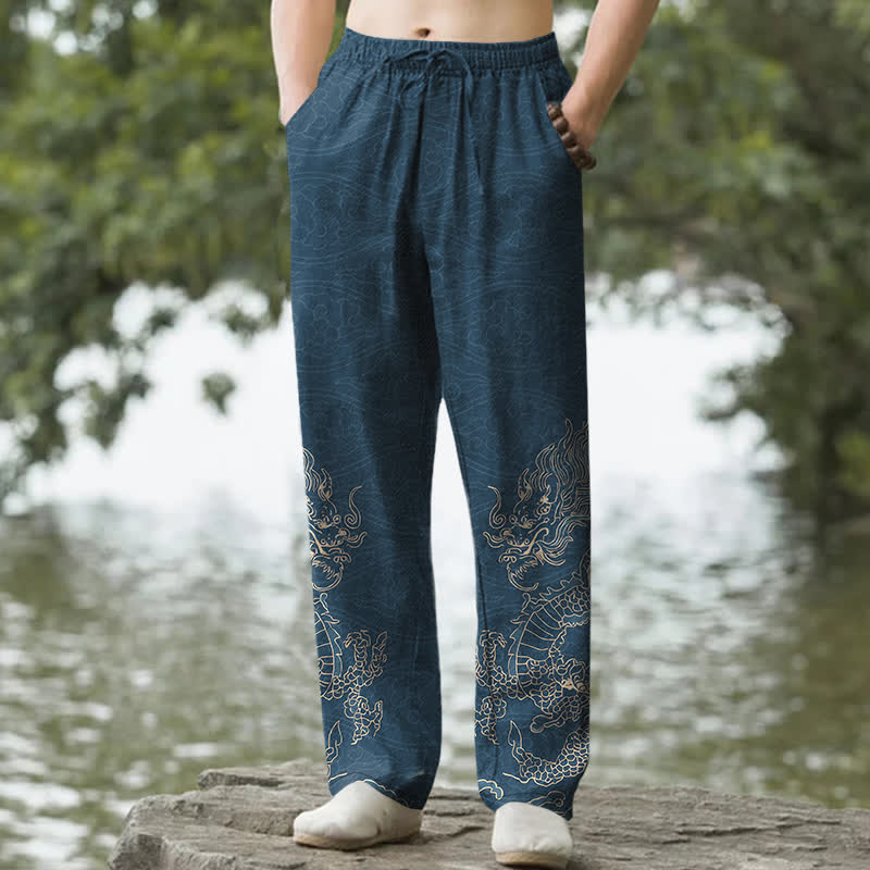 Buddha Stones Pantaloni da uomo affusolati in cotone con motivo drago dorato e nuvole, con tasche. - SteelBlue - US/UK/AU50, EU60 (5XL) - image 6