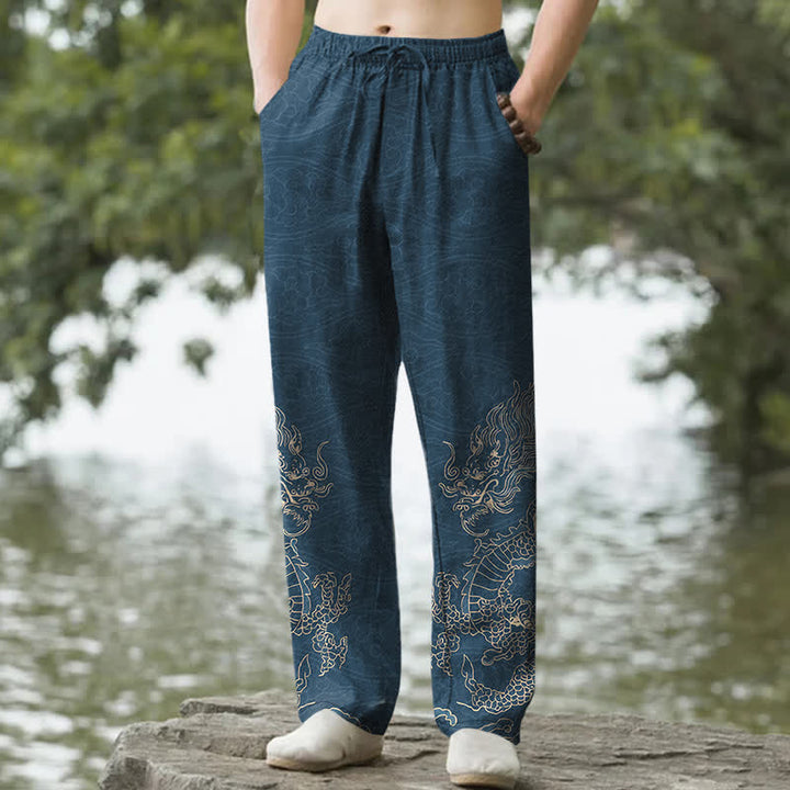 Buddha Stones Pantaloni da uomo affusolati in cotone con motivo drago dorato e nuvole, con tasche. - SteelBlue - US/UK/AU50, EU60 (5XL) - image 6