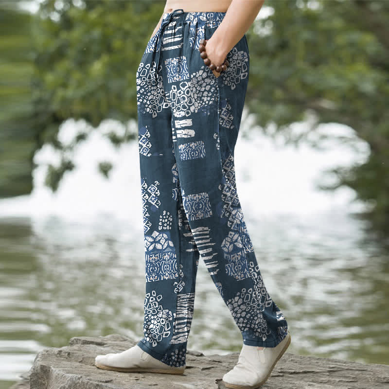 Buddha Stones Pantaloni da uomo affusolati in cotone con motivo patchwork geometrico e tasche. - image 5