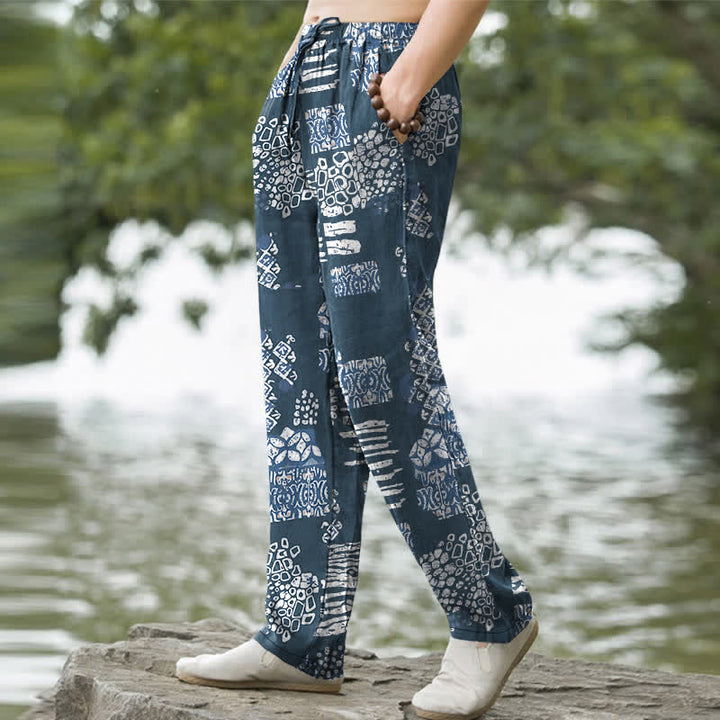 Buddha Stones Pantaloni da uomo affusolati in cotone con motivo patchwork geometrico e tasche. - image 5