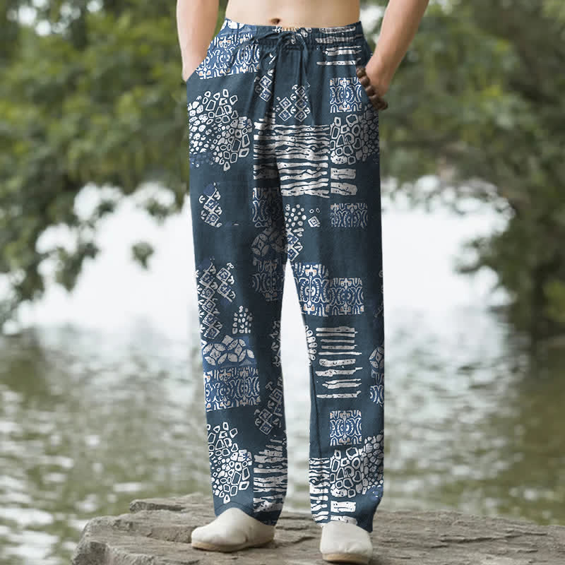 Buddha Stones Pantaloni da uomo affusolati in cotone con motivo patchwork geometrico e tasche. - SteelBlue - US/UK/AU50, EU60 (5XL) - image 4