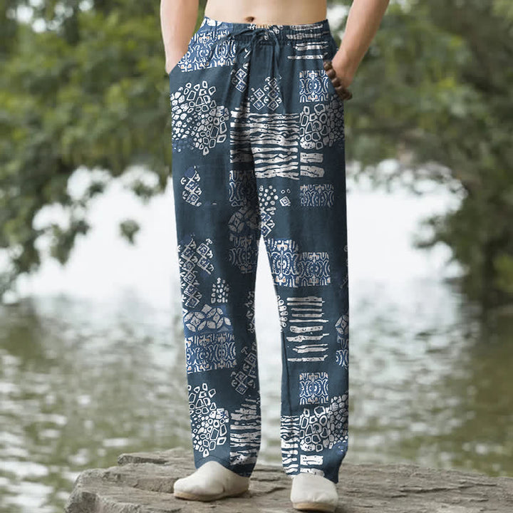 Buddha Stones Pantaloni da uomo affusolati in cotone con motivo patchwork geometrico e tasche. - SteelBlue - US/UK/AU50, EU60 (5XL) - image 4