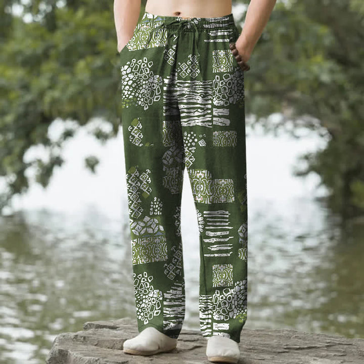 Buddha Stones Pantaloni da uomo affusolati in cotone con motivo patchwork geometrico e tasche. - Verde oliva - US/UK/AU50, EU60 (5XL) - image 6