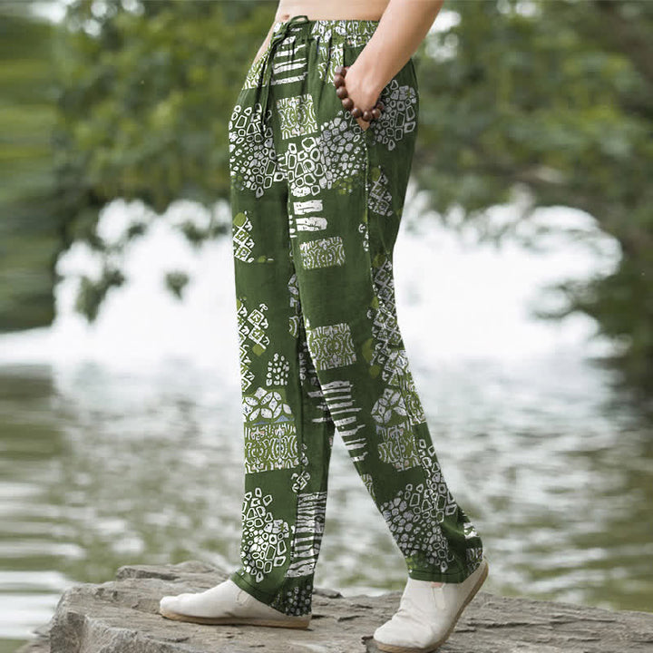 Buddha Stones Pantaloni da uomo affusolati in cotone con motivo patchwork geometrico e tasche. - image 7