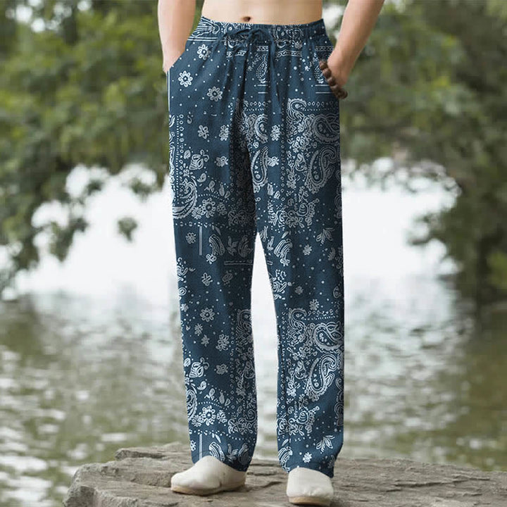 Buddha Stones Pantaloni da uomo affusolati con tasche, in cotone con motivo paisley a fiori di anacardi. - Marina - US/UK/AU50, EU60 (5XL) - image 4