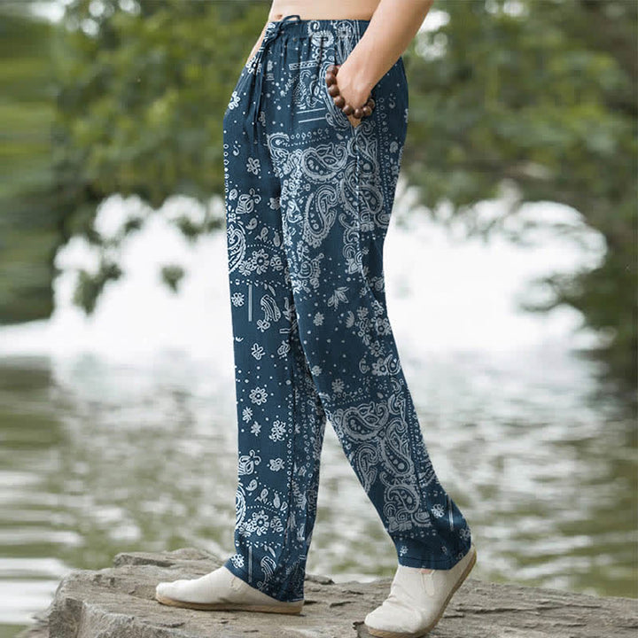 Buddha Stones Pantaloni da uomo affusolati con tasche, in cotone con motivo paisley a fiori di anacardi. - image 5