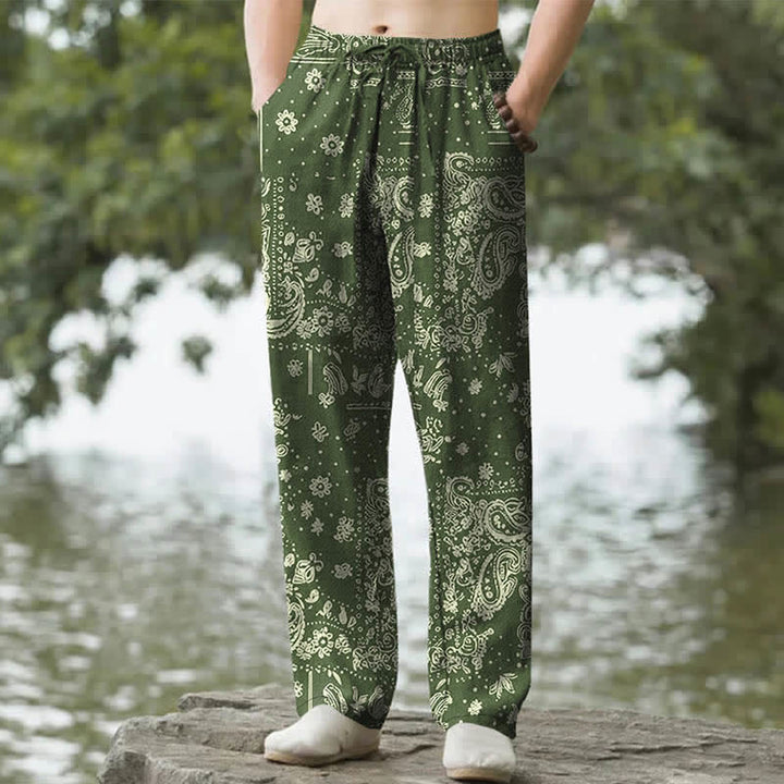 Buddha Stones Pantaloni da uomo affusolati con tasche, in cotone con motivo paisley a fiori di anacardi. - Oliva - US/UK/AU50, EU60 (5XL) - image 6