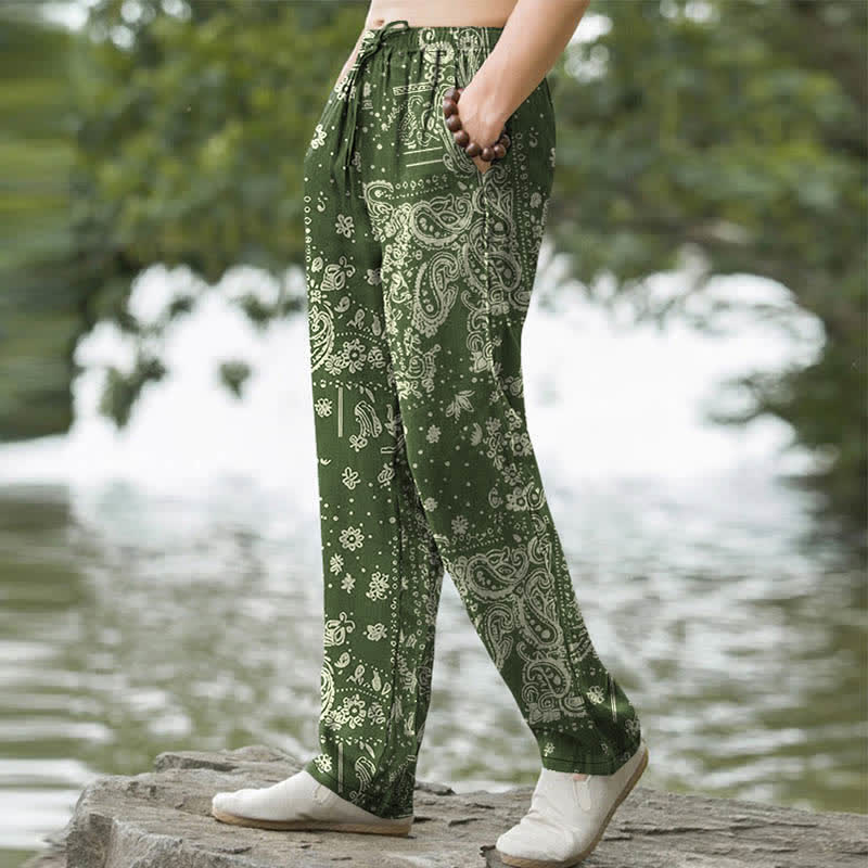 Buddha Stones Pantaloni da uomo affusolati con tasche, in cotone con motivo paisley a fiori di anacardi. - image 7